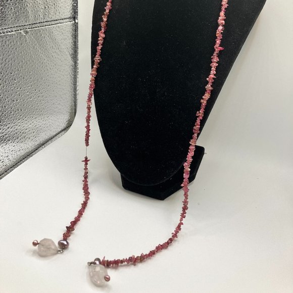 Rhodolite Garnet Chip Pink Dangles at Ends Silver-Tone Open Necklace! - Picture 3 of 6